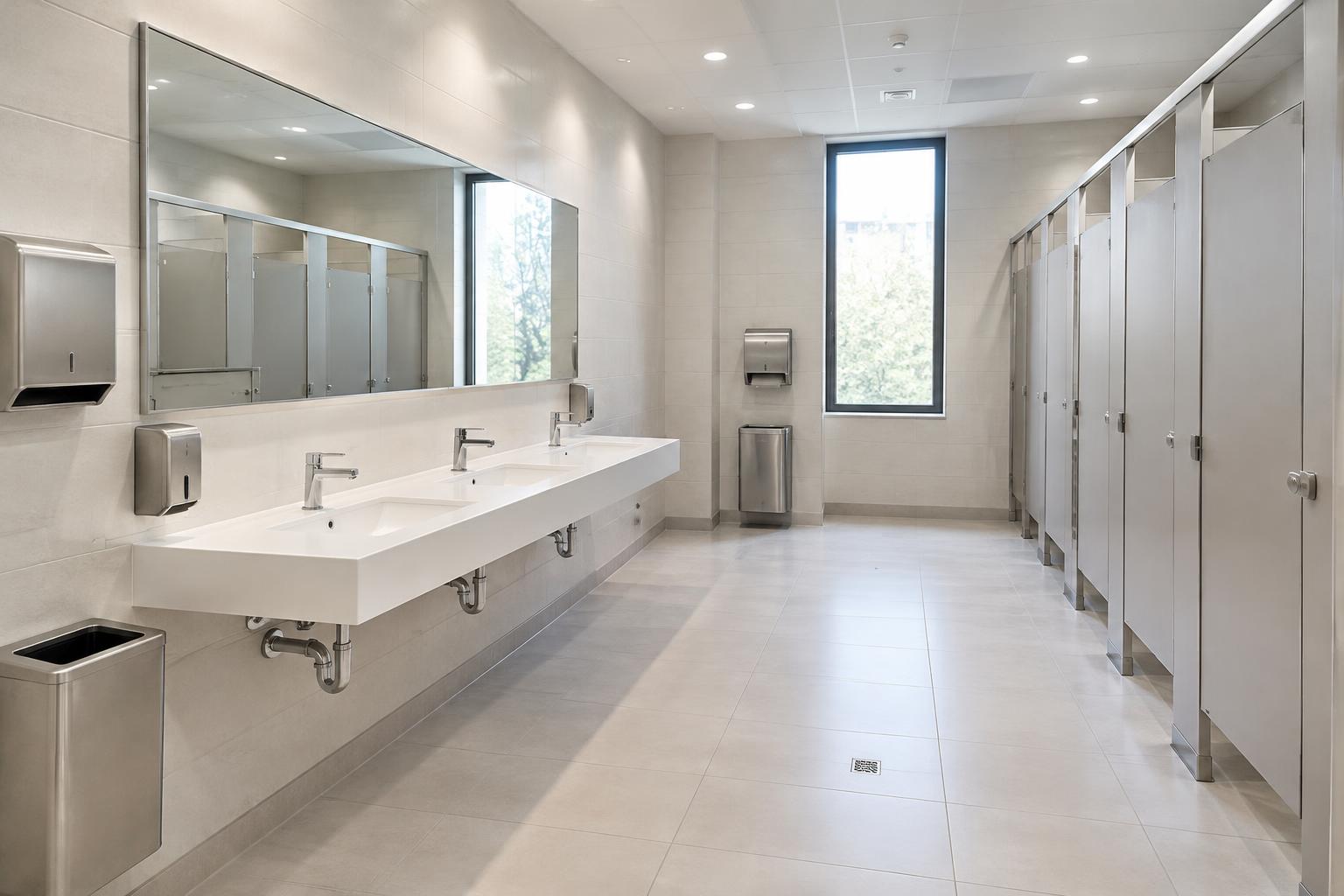 Concept illustration of a commercial restroom with sinks and private partitions